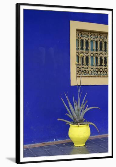 Africa, Morocco, Marrakesh. Cactus in a Bright Yellow Pot Against a Vivid Majorelle Blue Wall-Alida Latham-Framed Premium Photographic Print