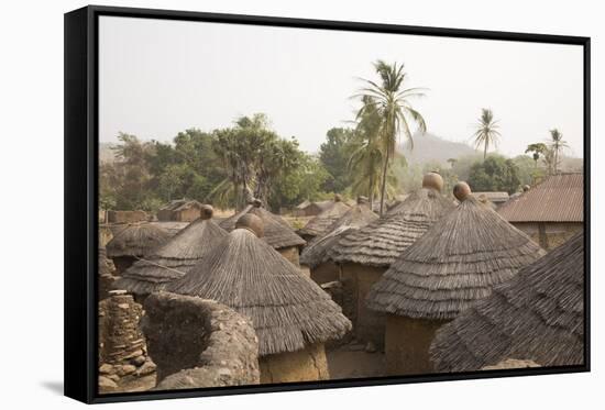 Africa, West Africa, Benin, Beri. Thatched rooves of traditional dwellings in front of palm trees.-Alida Latham-Framed Stretched Canvas