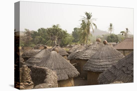 Africa, West Africa, Benin, Beri. Thatched rooves of traditional dwellings in front of palm trees.-Alida Latham-Stretched Canvas