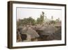 Africa, West Africa, Benin, Beri. Thatched rooves of traditional dwellings in front of palm trees.-Alida Latham-Framed Photographic Print