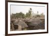 Africa, West Africa, Benin, Beri. Thatched rooves of traditional dwellings in front of palm trees.-Alida Latham-Framed Photographic Print