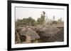 Africa, West Africa, Benin, Beri. Thatched rooves of traditional dwellings in front of palm trees.-Alida Latham-Framed Photographic Print