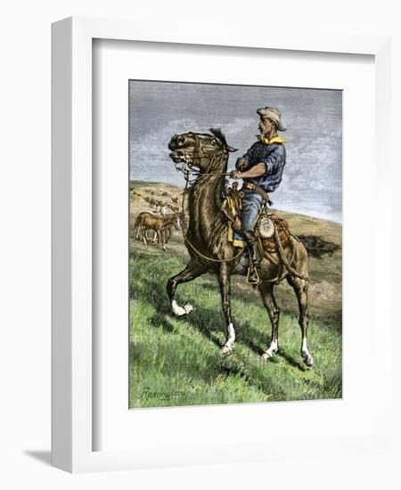 African-American Buffalo Soldier Riding a Frisky Horse Fresh from the Herd, 1880s-null-Framed Giclee Print