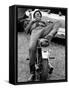 African American Man Relaxing on His Motocycle During Motorcycle Races near Detroit, Michigan-John Shearer-Framed Stretched Canvas
