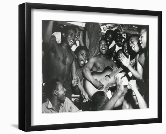 African American Sailors Aboard the U.S.S. Ticonderoga Celebrate the News of Japan's Surrender-null-Framed Photo