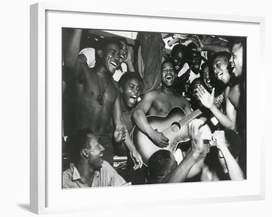 African American Sailors Aboard the U.S.S. Ticonderoga Celebrate the News of Japan's Surrender-null-Framed Photo
