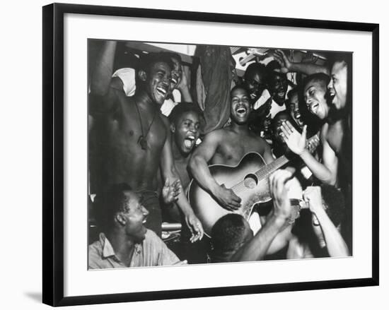 African American Sailors Aboard the U.S.S. Ticonderoga Celebrate the News of Japan's Surrender-null-Framed Photo