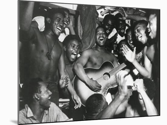 African American Sailors Aboard the U.S.S. Ticonderoga Celebrate the News of Japan's Surrender-null-Mounted Photo