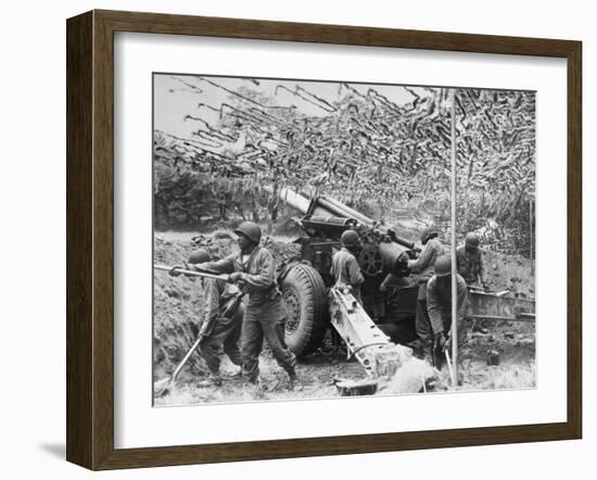 African American Soldiers Set Up a 155mm Howitzer Field Battery in France-null-Framed Photo