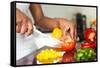 African American Womans Hand Slicing A Tomatoe-Samuel Borges-Framed Stretched Canvas