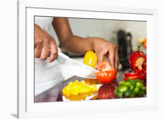 African American Womans Hand Slicing A Tomatoe-Samuel Borges-Framed Photographic Print