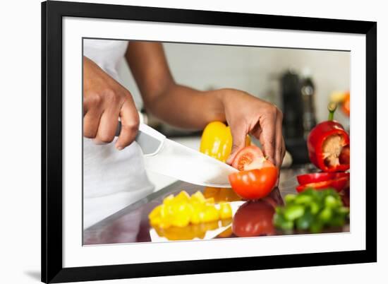 African American Womans Hand Slicing A Tomatoe-Samuel Borges-Framed Photographic Print