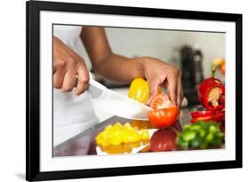 African American Womans Hand Slicing A Tomatoe-Samuel Borges-Framed Photographic Print