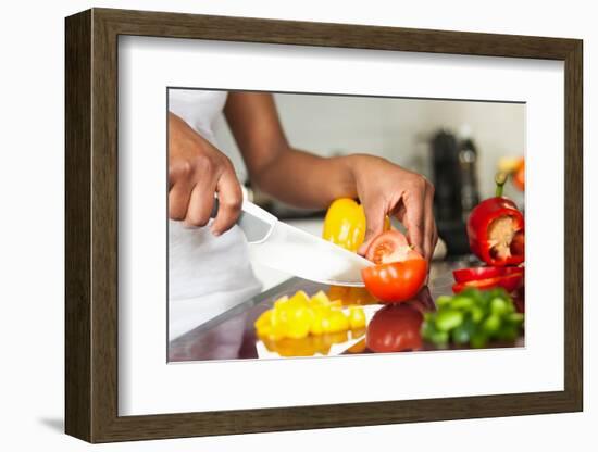 African American Womans Hand Slicing A Tomatoe-Samuel Borges-Framed Photographic Print