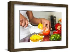 African American Womans Hand Slicing A Tomatoe-Samuel Borges-Framed Photographic Print