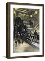 African-American Workers Operating a Cane-Crushing Machine in a Sugar House at Bayou Teche, c.1900-null-Framed Giclee Print