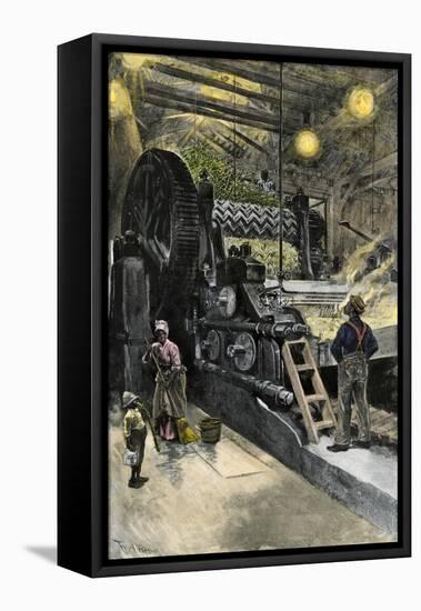 African-American Workers Operating a Cane-Crushing Machine in a Sugar House at Bayou Teche, c.1900-null-Framed Stretched Canvas