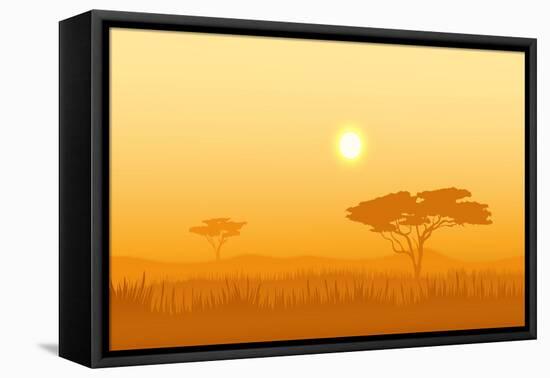 African Landscape with Tree Silhouette. Savanna Sunset Background.-Vlad Rudniy-Framed Stretched Canvas