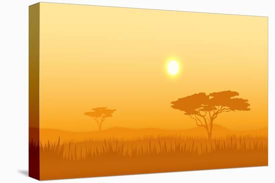 African Landscape with Tree Silhouette. Savanna Sunset Background.-Vlad Rudniy-Stretched Canvas