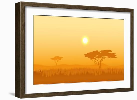 African Landscape with Tree Silhouette. Savanna Sunset Background.-Vlad Rudniy-Framed Art Print