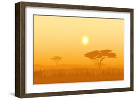 African Landscape with Tree Silhouette. Savanna Sunset Background.-Vlad Rudniy-Framed Art Print