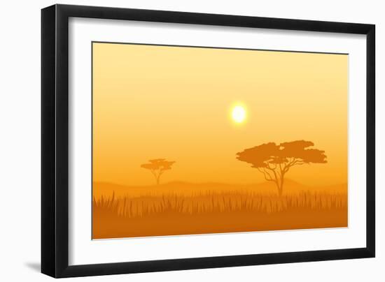 African Landscape with Tree Silhouette. Savanna Sunset Background.-Vlad Rudniy-Framed Art Print