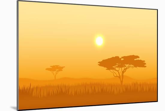 African Landscape with Tree Silhouette. Savanna Sunset Background.-Vlad Rudniy-Mounted Art Print