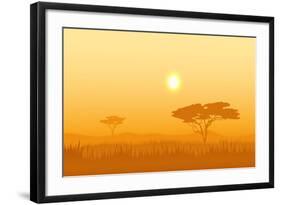 African Landscape with Tree Silhouette. Savanna Sunset Background.-Vlad Rudniy-Framed Art Print