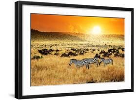 African Landscape. Zebras Herd and Antelopes Wildebeest at Sunset, Kenya-Oleg Znamenskiy-Framed Photographic Print
