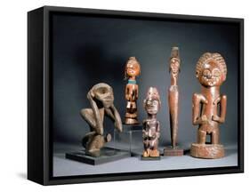 African Tribal Carved Figures L to R: Bakwa Luntu Tribe, Songye Tribe and Luba Tribe of Zaire-African-Framed Stretched Canvas