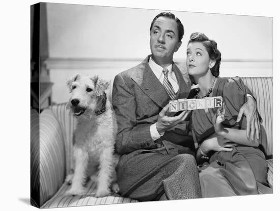 After the Thin Man by W.S. Van Dyke with Myrna Loy, William Powell, the dog Asta, 1936 (b/w photo)-null-Stretched Canvas