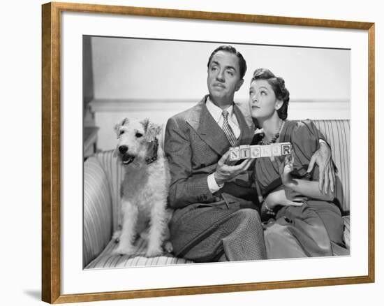 After the Thin Man by W.S. Van Dyke with Myrna Loy, William Powell, the dog Asta, 1936 (b/w photo)-null-Framed Photo