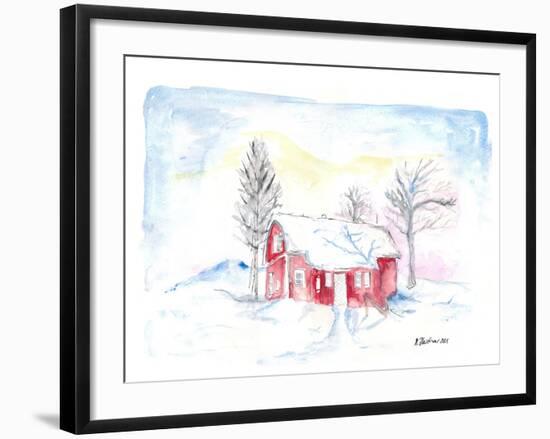 Afternoon Sun During Scandinavian Winter with Red House in Snow-M. Bleichner-Framed Art Print