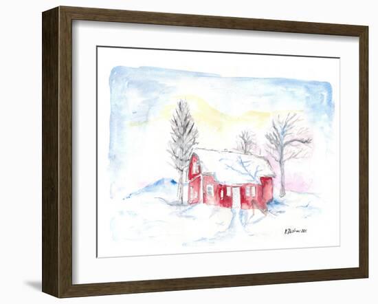 Afternoon Sun During Scandinavian Winter with Red House in Snow-M. Bleichner-Framed Art Print