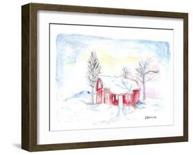 Afternoon Sun During Scandinavian Winter with Red House in Snow-M. Bleichner-Framed Art Print