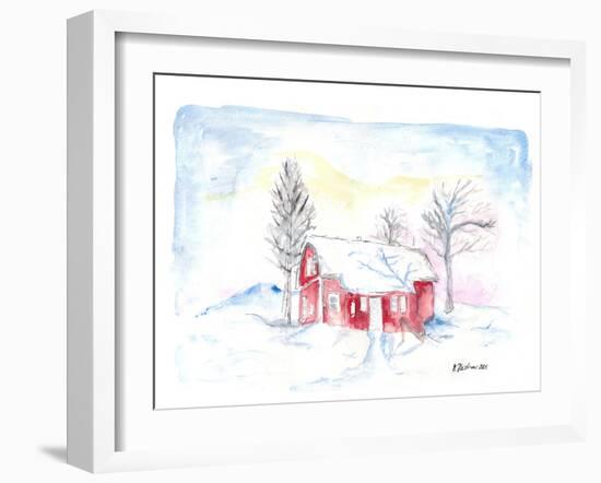 Afternoon Sun During Scandinavian Winter with Red House in Snow-M. Bleichner-Framed Art Print