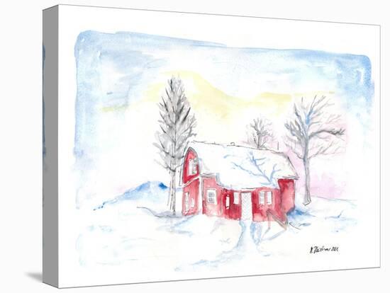 Afternoon Sun During Scandinavian Winter with Red House in Snow-M. Bleichner-Stretched Canvas