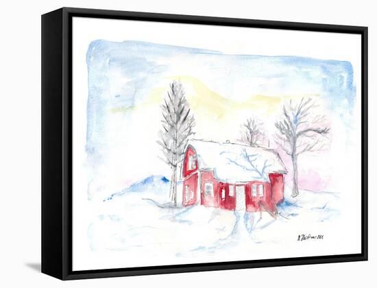 Afternoon Sun During Scandinavian Winter with Red House in Snow-M. Bleichner-Framed Stretched Canvas