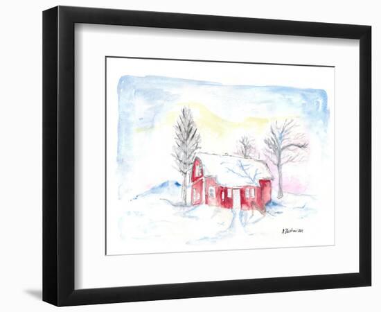 Afternoon Sun During Scandinavian Winter with Red House in Snow-M. Bleichner-Framed Art Print