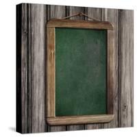 Aged Green Menu Blackboard Hanging on Wooden Wall-Andrey_Kuzmin-Stretched Canvas