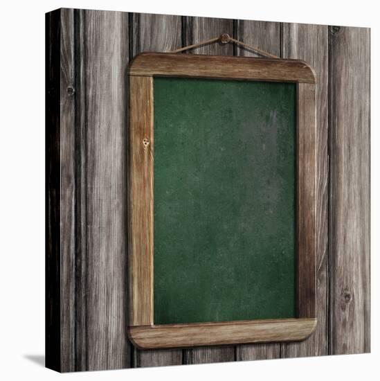 Aged Green Menu Blackboard Hanging on Wooden Wall-Andrey_Kuzmin-Stretched Canvas