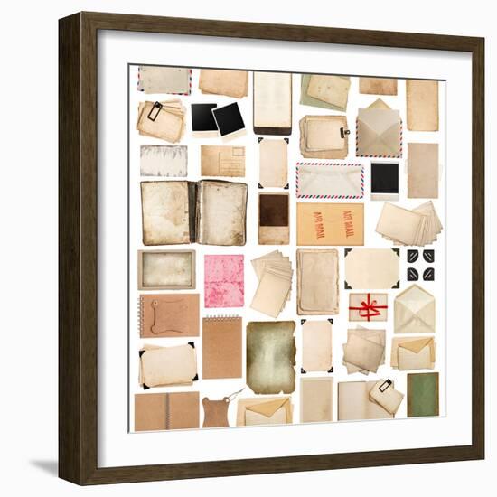 Aged Paper Sheets, Books, Pages and Old Postcards Isolated on White Background-LiliGraphie-Framed Photographic Print