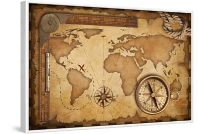'Aged Treasure Map, Ruler, Rope And Old Brass Compass Still Life ...