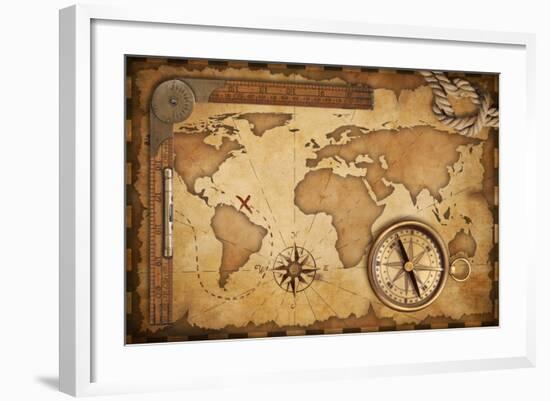 Aged Treasure Map, Ruler, Rope And Old Brass Compass Still Life-Andrey_Kuzmin-Framed Art Print