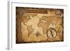 Aged Treasure Map, Ruler, Rope And Old Brass Compass Still Life-Andrey_Kuzmin-Framed Art Print