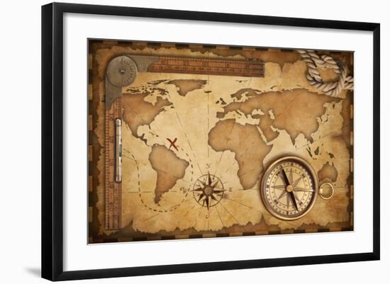 Aged Treasure Map, Ruler, Rope And Old Brass Compass Still Life-Andrey_Kuzmin-Framed Art Print