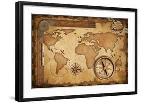 Aged Treasure Map, Ruler, Rope And Old Brass Compass Still Life-Andrey_Kuzmin-Framed Art Print