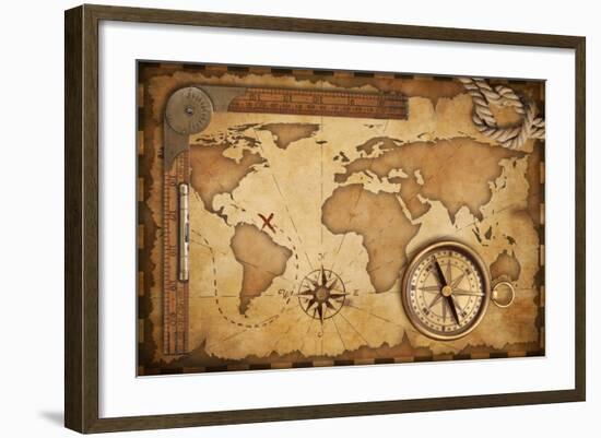 Aged Treasure Map, Ruler, Rope And Old Brass Compass Still Life-Andrey_Kuzmin-Framed Art Print