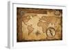 Aged Treasure Map, Ruler, Rope And Old Brass Compass Still Life-Andrey_Kuzmin-Framed Art Print