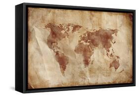 Aged World Map on Dirty Paper-null-Framed Stretched Canvas